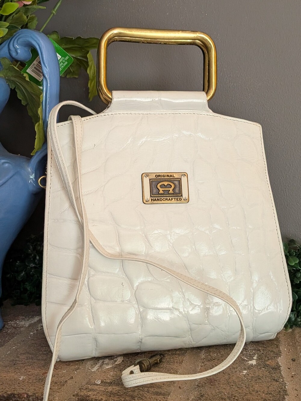 Etienne Aigner Vintage White Croc-Embossed Women's Top-Handle Bag
